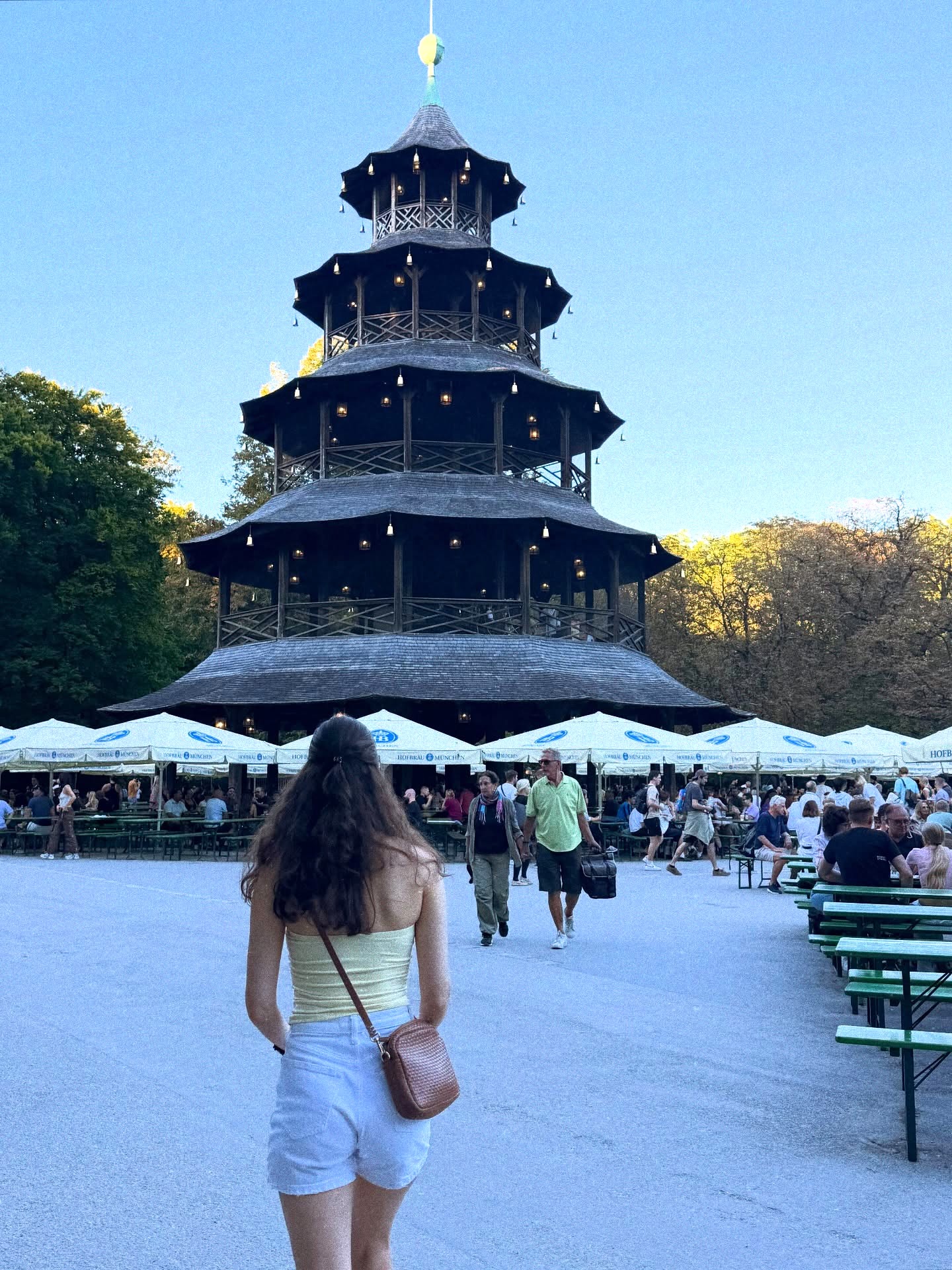 Walking toward the Chinesischer Turm beer garden in Munich's Englischer Garten