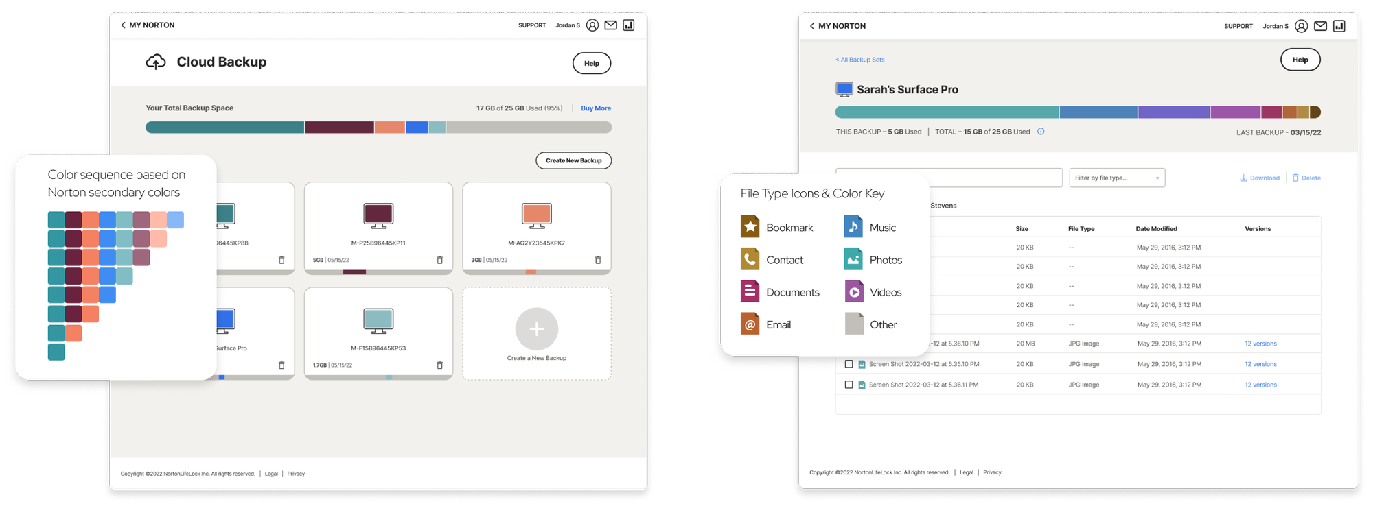 After: backup sets and file types use distinct color palettes, so each system reads on its own without re-teaching the user.