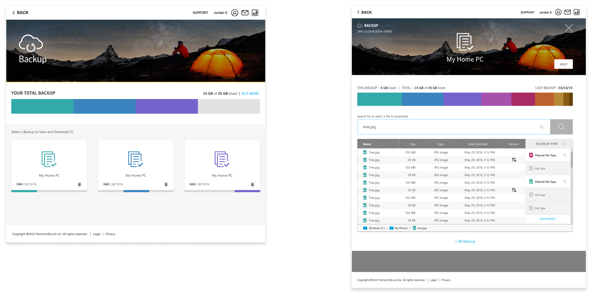 Before: backup card grid and file browser where backup sets and file types share the same color palette, so the two systems bleed together visually.