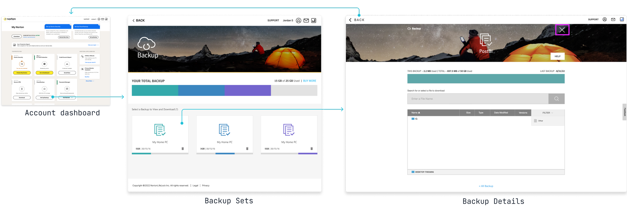 Before: backup card grid and file browser with low-contrast affordances, dense search results, and a filter dropdown that obscured the table.