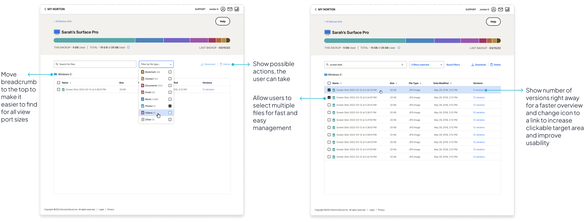 After: persistent download and delete actions, multi-select checkboxes, breadcrumb moved to the top, and version counts shown inline so users can act on many files without re-orienting.