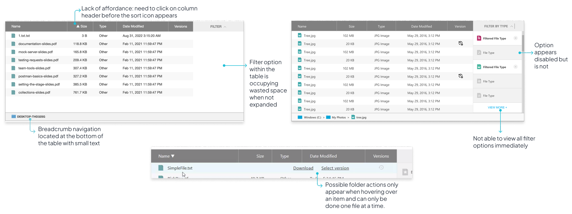 Before: file table with hover-only row actions, breadcrumbs at the bottom in small text, a filter dropdown that obscured the data, and filter options that appeared disabled but weren't.